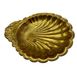 Brass Shell-Shaped Decorative Dish Ornate Mid Century Modern Platter Bowl READ